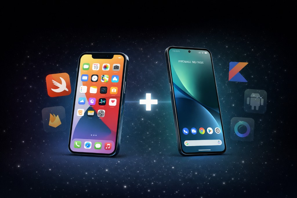 Illustratie van iPhone en Android met Swift, Kotlin en aanverwante tools—cross-platform app-ontwikkeling